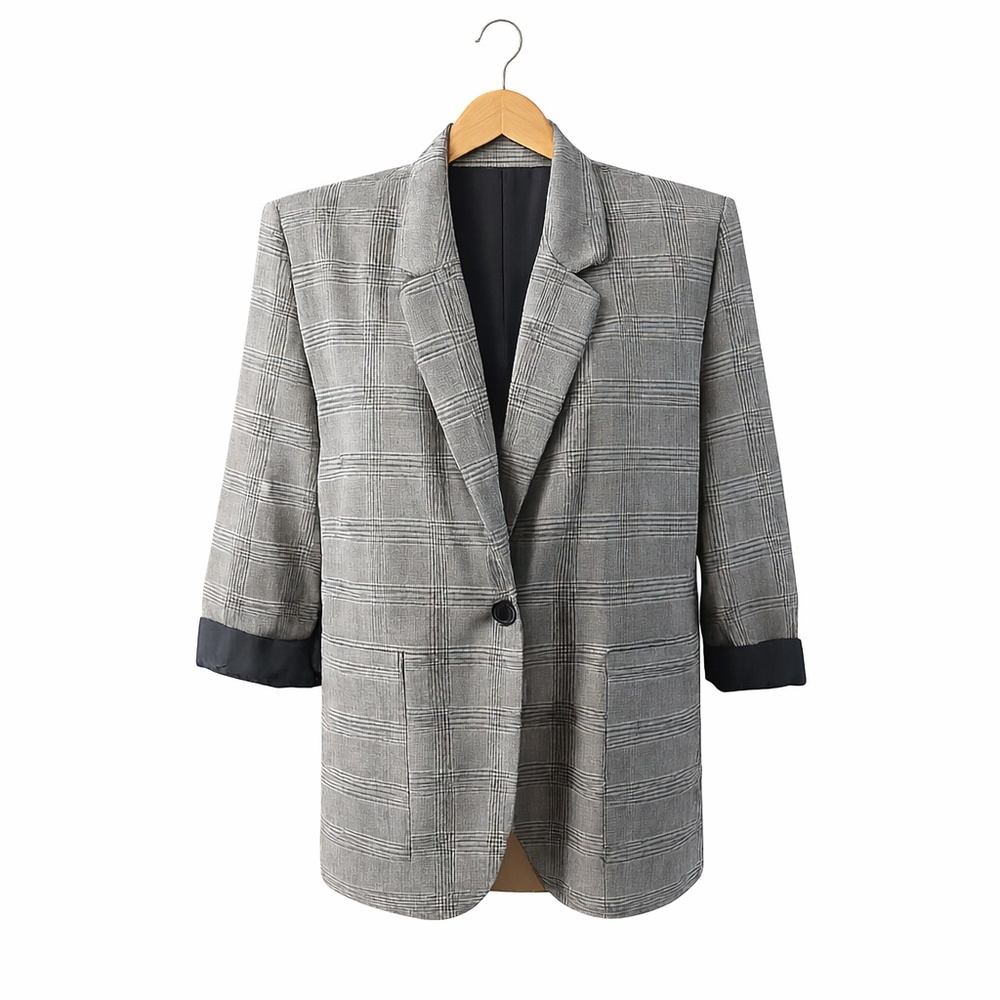 Tofy Gray Plaid Oversized Blazer S/M Vintage Power Blazer Contrast Cuff Career